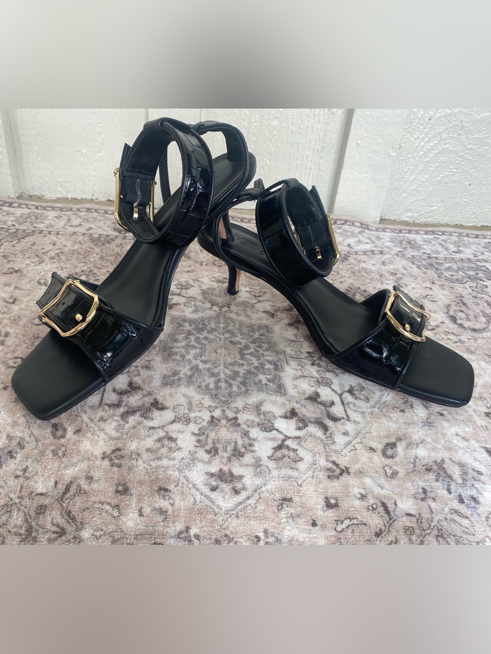 J Crew Black Patent Croc Skin Kitten Heel with Buckle Ankle-Strap